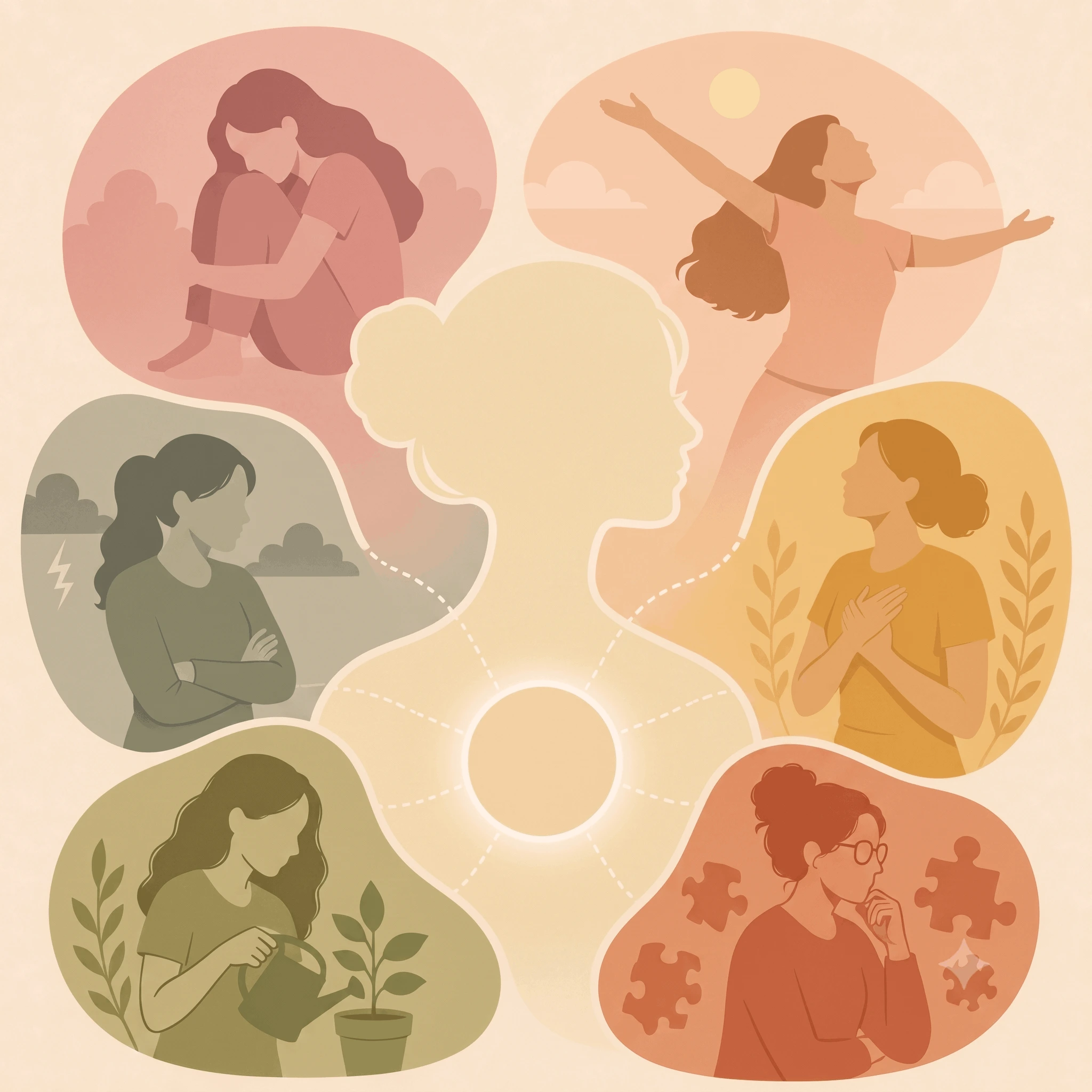 Ilustração simbolizando a IFS — um centro sereno rodeado por partes internas